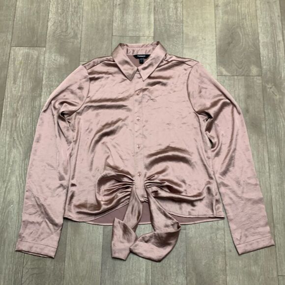 Express Relaxed Satin‎ Portofino Button Down Ruched Longsleeve Tie Up Shirt - Picture 1 of 7